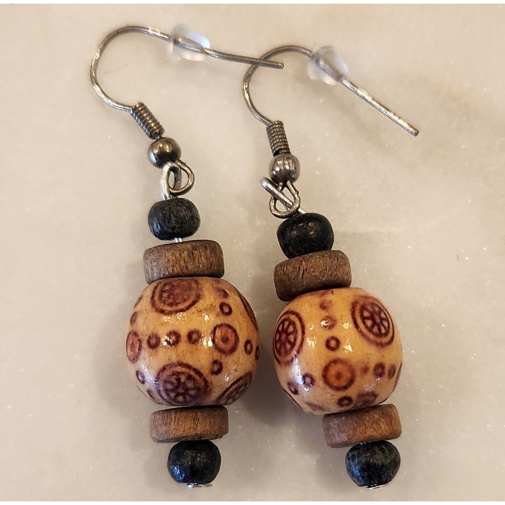Beaded Dangle Earrings Wood Tribal Tan Brown Black Earth Tone Natural